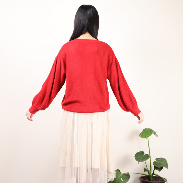 紅色細針織微泡泡袖長袖 日本服飾品牌 文青質感日系風格Retro girl（レトロガール）
