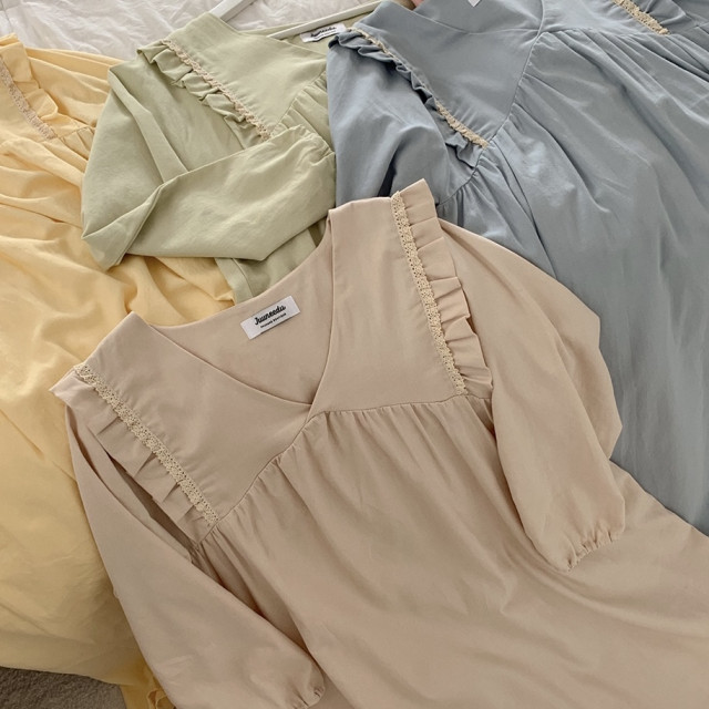 素色純棉睡裙(長袖)-5color